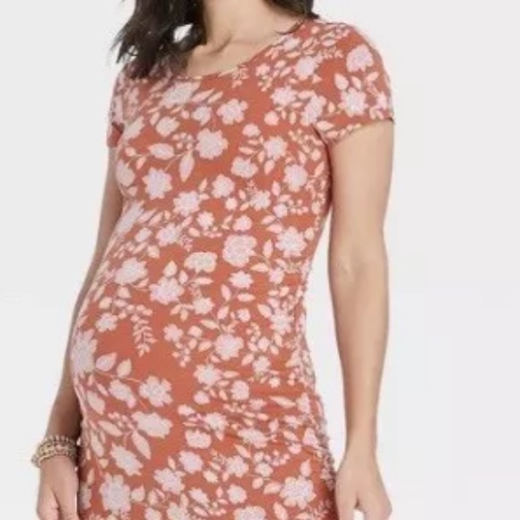 Isabel Maternity Womens Short Sleeve Scoop T-Shirt Dress, Orange Size M - Picture 2 of 3